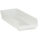 The MH-USA Clear Plastic Shelf Bin Boxes, sized 23 5/8 x 8 3/8 x 4, feature translucent, rectangular bins with smooth edges and a flat base for efficient organization. This case comes with six versatile bins.