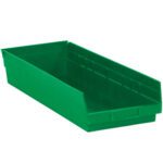 The MH-USA 23 5/8 x 8 3/8 x 4 green plastic shelf bin boxes feature an open front for easy access. Smooth and rectangular, theyre ideal for organizing small parts or tools. Sold in cases of six, these bins provide a practical solution for streamlined storage.