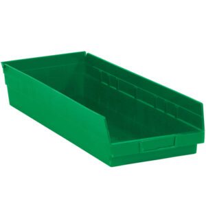 The MH-USA 23 5/8 x 8 3/8 x 4 green plastic shelf bin boxes feature an open front for easy access. Smooth and rectangular, theyre ideal for organizing small parts or tools. Sold in cases of six, these bins provide a practical solution for streamlined storage.
