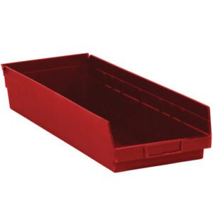 The MH-USA red plastic shelf bin boxes (23 5/8 x 8 3/8 x 4) have a rectangular shape and open top with an inclined front edge for easy access, coming in cases of six. They are solidly constructed for secure storage.