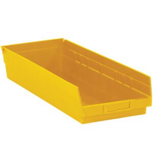The MH-USA Yellow Plastic Shelf Bin Boxes (23 5/8 x 8 3/8 x 4, set of six) have an open front and slanted sides, making their rectangular shape and smooth surface ideal for organizing tools or small items in a spacious interior.