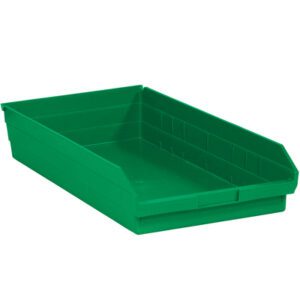 The MH-USA 23 5/8 x 11 1/8 x 4 green plastic shelf bin boxes, available in a case of six, offer an open-front design ideal for organizing small items and versatile storage solutions.