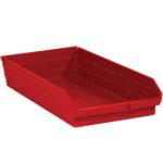 The MH-USA 23 5/8 x 11 1/8 x 4 Red Plastic Shelf Bin Boxes feature an open front, rectangular shape, ridged sides, and smooth interior. Ideal for organizing tools or small items, they are sold as a pack of six bins per case.
