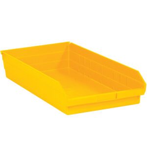The MH-USA 23 5/8 x 11 1/8 x 4 Yellow Plastic Shelf Bin Boxes offer efficient storage with their rectangular design and slanted sides. Made from durable yellow plastic, each case includes six practical bins.