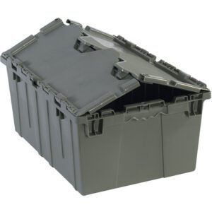 The MH-USA Gray Round Trip Tote, measuring 20 1/4 x 14 1/4 x 9 5/8, features a dark green interlocking lid with reinforced sides and corners for durability, ideal for stacking and transporting.