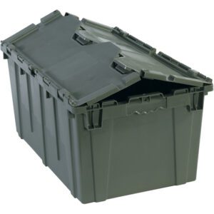 The MH-USA 25 3/4 x 16 x 12 1/2 gray round trip tote includes a hinged, interlocking lid that partially opens; it has textured sides for grip, reinforced edges for durability, and is designed for secure stacking.