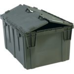 A large green plastic storage container with reinforced edges and a partially open hinged lid, akin to the MH-USA 26 x 19 x 15 5/8 Gray Round Trip Tote, appears sturdy and is ideal for secure storage or transport.