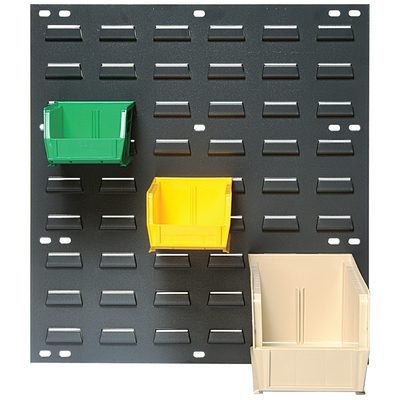 BINR1819P.jpg The MH-USA 18 x 19 Wall Mounted Panel Rack includes black metal pegboard with rectangular slots and three vertically arranged plastic storage bins in green, yellow, and beige, providing versatile storage solutions for efficient space organization.