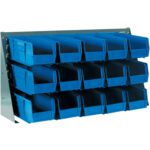 The MH-USA 36 x 8 x 19 Bench Rack Bin Organizer includes a metal rack with twelve blue plastic bins in three rows, each front-open for easy access. The bins are evenly spaced and securely fitted, ideal for organizing small items or tools.
