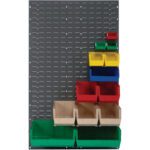 The MH-USA 36 x 61 Wall Mounted Panel Rack showcases a gray pegboard with bright storage bins in red, yellow, green, and beige, perfectly arranged in columns for efficient small parts or tool organization.