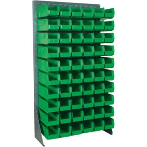 The MH-USA 36 x 12.5 x 66 Floor Rack Bin Organizer boasts a sturdy metal frame with rows of open, small green plastic bins for efficient storage and organization of small items.