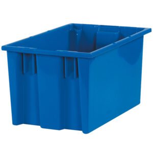 The MH-USA 16 x 10 x 8 7/8 Blue Stack & Nest Container is a large blue rectangular plastic bin, perfect for organizing and stacking or nesting.