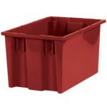 The MH-USA 16 x 10 x 8 7/8 red stack & nest container features reinforced corners and ribbed sides, ideal for storage. This empty rectangular bin is shown from an elevated angle, highlighting its spacious depth and open top. Sold in sets of six per case.