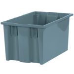 The MH-USA 16 x 10 x 8 7/8 Gray Stack & Nest Containers (6/Case) are spacious, rectangular bins with reinforced corners and a smooth surface hiding the lack of visible handles, ideal for organizing.