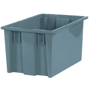 The MH-USA 16 x 10 x 8 7/8 Gray Stack & Nest Containers (6/Case) are spacious, rectangular bins with reinforced corners and a smooth surface hiding the lack of visible handles, ideal for organizing.