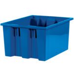 The MH-USA 17 x 14 1/2 x 9 7/8 Blue Stack & Nest Containers (6/Case) are spacious, rectangular bins with reinforced sides and a smooth finish, exemplifying durability and versatility for storage needs.