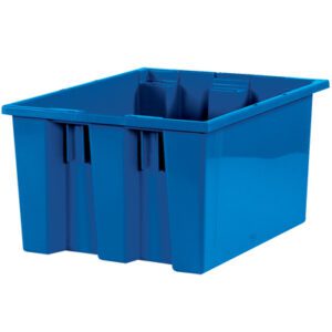 The MH-USA 17 x 14 1/2 x 9 7/8 Blue Stack & Nest Containers (6/Case) are spacious, rectangular bins with reinforced sides and a smooth finish, exemplifying durability and versatility for storage needs.