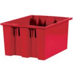 The MH-USA 17 x 14 1/2 x 9 7/8 Red Stack & Nest Containers (6/Case) are rectangular bins with reinforced corners, vertical ridges for stability, and slightly raised edges, ideal for versatile organization.