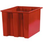 The MH-USA Red Stack & Nest Containers (6/Case) feature vertical grooves on one side, a smooth glossy finish, and an open top, showcased against a white background.