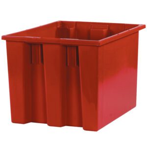 The MH-USA Red Stack & Nest Containers (6/Case) feature vertical grooves on one side, a smooth glossy finish, and an open top, showcased against a white background.
