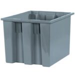 The MH-USA 17 x 14½ x 12⅞ gray Stack & Nest Containers, available in cases of six, feature an open top with reinforced vertical ridges for strength and are angled to reveal their full depth and dimension.