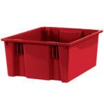 The MH-USA Red Stack & Nest Containers (20 7/8 x 18 1/4 x 9 7/8, 3/Case) have reinforced sides and a flat bottom for efficient storage and organization.