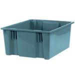A large, empty, blue storage bin measuring 20 7/8 x 18 1/4 x 9 7/8, similar to the MH-USA Gray Stack & Nest Containers (3/Case), features smooth sides, reinforced corners, and a flat base with slightly tapered walls for easy stacking or nesting.