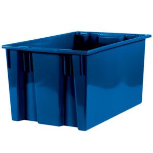 The MH-USA Blue Stack & Nest Containers are large, rectangular plastic bins with reinforced edges, designed for heavy-duty use. Measuring 26 5/8 x 18 1/4 x 14 7/8 and open at the top, they come in a pack of three per case.