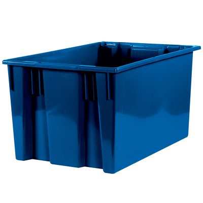 BINS122.jpg The MH-USA Blue Stack & Nest Containers are large, rectangular plastic bins with reinforced edges, designed for heavy-duty use. Measuring 26 5/8 x 18 1/4 x 14 7/8 and open at the top, they come in a pack of three per case.