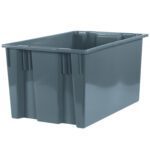 The MH-USA gray Stack & Nest Containers, measuring 26 5/8 x 18 1/4 x 14 7/8, come in a set of three and have a large rectangular shape with reinforced sides, ideal for organizing and storing. They feature a smooth finish and a simple design without visible handles or lids.