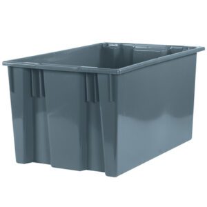 The MH-USA gray Stack & Nest Containers, measuring 26 5/8 x 18 1/4 x 14 7/8, come in a set of three and have a large rectangular shape with reinforced sides, ideal for organizing and storing. They feature a smooth finish and a simple design without visible handles or lids.