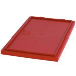 The MH-USA 17 x 14 1/2 red rectangular plastic lid features a raised edge, recessed top, and embossed markings for product info, ideal for Stack & Nest Lids (6/Case) solutions.