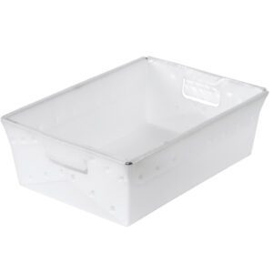 The MH-USA 18 x 13 x 6 White Space Age Totes (6/Case) feature a rectangular design with perforations and handles on the shorter sides. Slightly translucent, their modern style makes them versatile storage solutions.