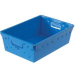 The MH-USA 18 x 13 x 6 Blue Space Age Totes (6/Case) are durable rectangular storage bins with handles, featuring textured protruding dots along the edges for versatile use.
