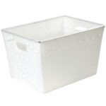 The MH-USA 23 x 15 x 16 White Space Age Totes boast translucent white plastic, round side indents, and rectangular handles for easy carrying. Sold in cases of six, each tote is empty and placed against a plain white backdrop.