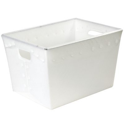 BINS188.jpg The MH-USA 23 x 15 x 16 White Space Age Totes boast translucent white plastic, round side indents, and rectangular handles for easy carrying. Sold in cases of six, each tote is empty and placed against a plain white backdrop.