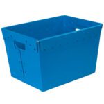 The MH-USA 23 x 15 x 16 Blue Space Age Totes are rectangular plastic storage bins with side cut-out handles, visible edge rivets, and an open top for versatile use. Sold in convenient packs of six per case.