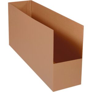 An empty, new MH-USA 10 x 42 x 20 Warehouse Rack Bin, with clean flap edges, lies open on its side resembling a large rectangular brown cardboard box.