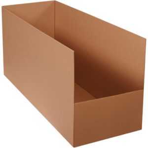 Displayed against a white background is a large, open rectangular brown cardboard box with tall sides and no lid, resembling the MH-USA 15 x 42 x 20 Warehouse Rack Bins (10/Bundle).