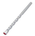 The Vestil Concrete Masonry Bit, with a 3/8-inch diameter and red-tipped end, has a silver helical spiral design. Its elegantly displayed on a plain white background, emphasizing its precise construction.