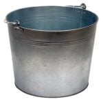 The Vestil Galvanized Steel Bucket 5 Gallons, featuring a galvanized finish and subtle top ridges, includes dual sturdy handles. Displayed on white, it emphasizes a sleek design.