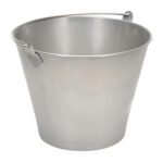 A shiny Vestil Stainless Steel Bucket 3.25 Gallons stands empty on a white background, featuring a slightly flared rim and smooth surface that beautifully reflects light.