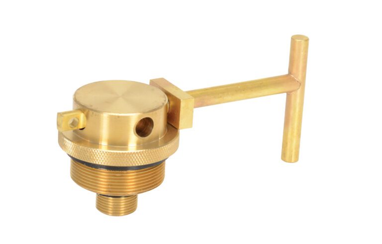 BLD-80_A.jpg A brass valve with a threaded base and round flat top features a Vestil Drum Lock lever arm, extending horizontally into a T-shaped handle. It includes a hex nut for installation and has a 5/16-inch padlock hole for security. Product: Vestil Drum Lock Brass 5/16 In Padlock Hole.