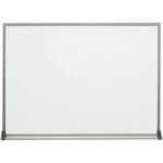 The MH-USA 2 x 1 1/2 Standard Melamine Dry Erase Board features a silver frame and marker tray, offering a clean surface for writing or drawing, set against a plain background to inspire creativity and organization.