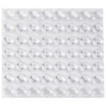 A sheet of 3M™ Bumpon™ Clear Dome Protective Tape features glossy round adhesive bumpers arranged in an 8 by 8 grid on a white background, with reflections enhancing their smooth surface. Each bumper measures 7/16 x 13/64, and there are 3,000 per case.