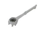 The Vestil Aluminum Drum Bung Nut Wrench 10.5 In boasts a sleek design with a hexagonal socket featuring four notches and an extended handle, all set against a white background.