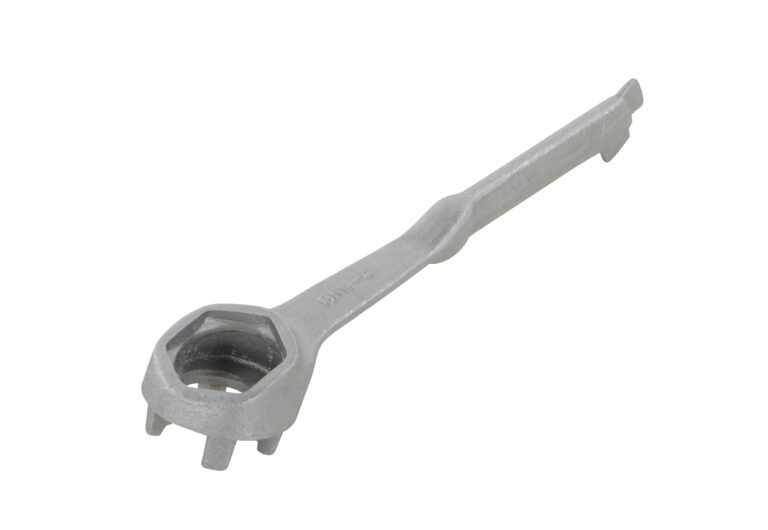 BNW-A_A.jpg The Vestil Aluminum Drum Bung Nut Wrench 10.5 In boasts a sleek design with a hexagonal socket featuring four notches and an extended handle, all set against a white background.