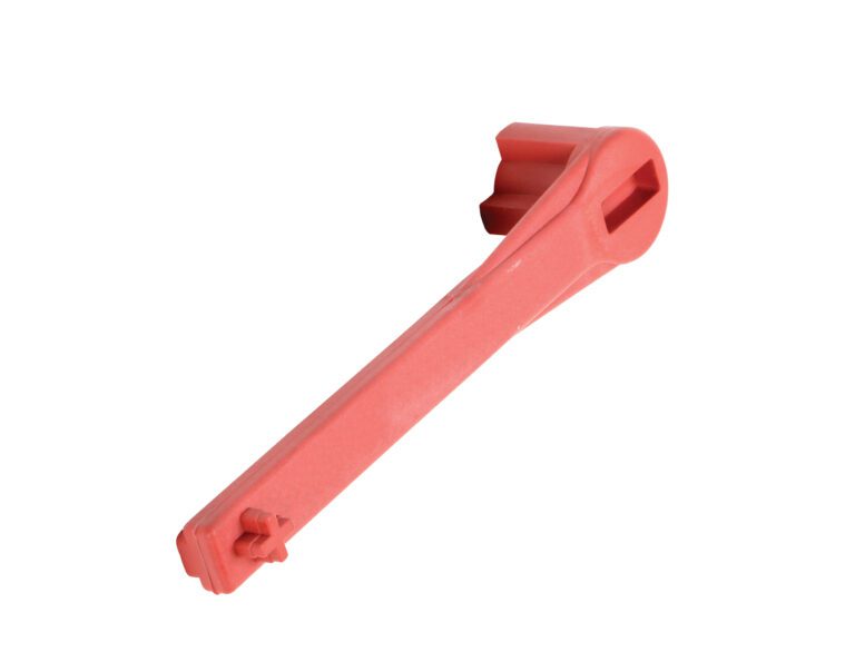 BNW-P_A.jpg The Vestil Nylon Non Spark Drum Bung Nut Wrench, in red plastic, has a long handle and ridged rounded end with a side opening, designed for precise adjustments without sparking.