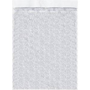 The MH-USA 18 x 23 Super Duty Self-Seal Bubble Pouches (50/Case) feature a protective bubble wrap texture and a white strip for sealing, designed to safeguard items during shipping.