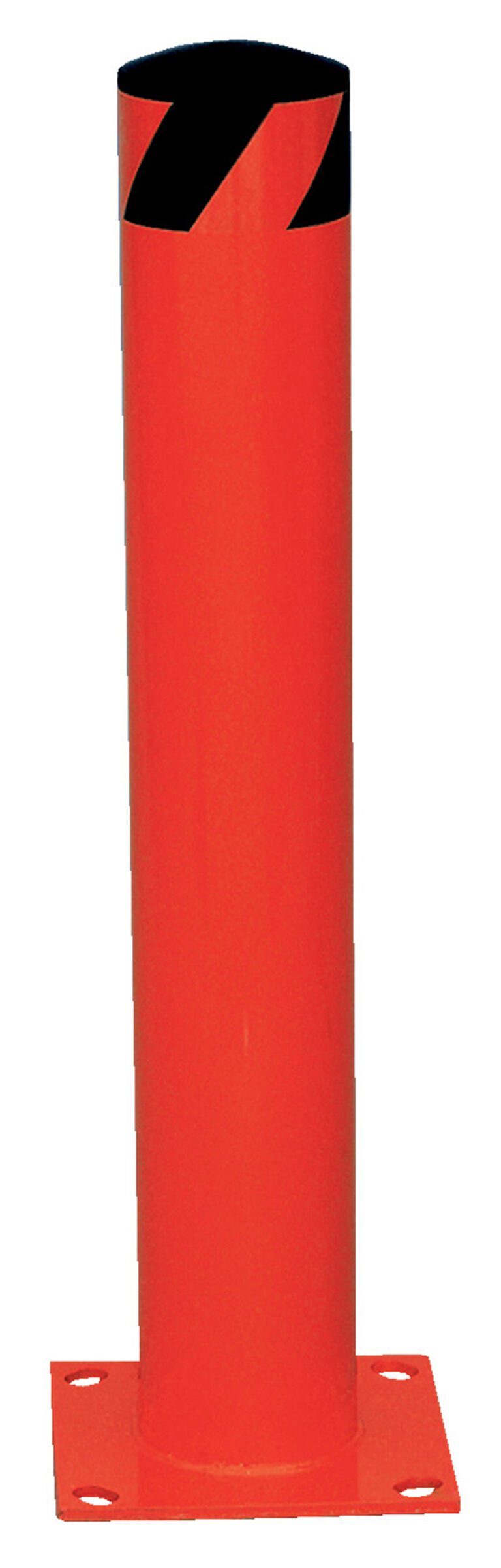 BOL-24-4.5-RED_A.jpg The Vestil Steel Pipe Safety Bollard 24 x 4-1/2 Red features a bold red cylindrical design with two black diagonal stripes near the top. Its smooth, reflective surface and flat base with four mounting holes provide excellent visibility and stability.